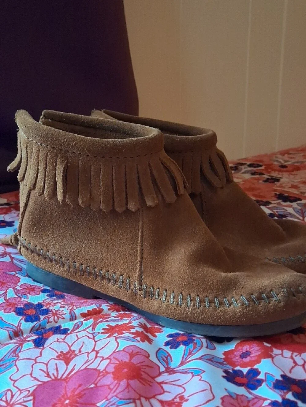 Kids Fringe Brown Suede Zip Back Ankle Moccasins Boots Booties Back To School